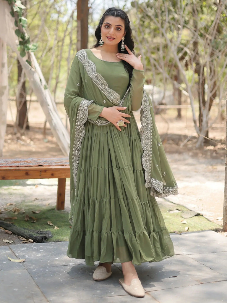 Alluring Olive Green Georgette Mehendi Wear Gown With Dupatta