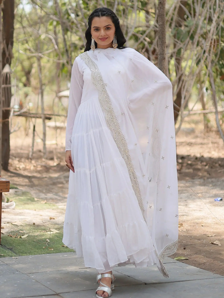 Charming White Georgette Function Wear Gown With Dupatta