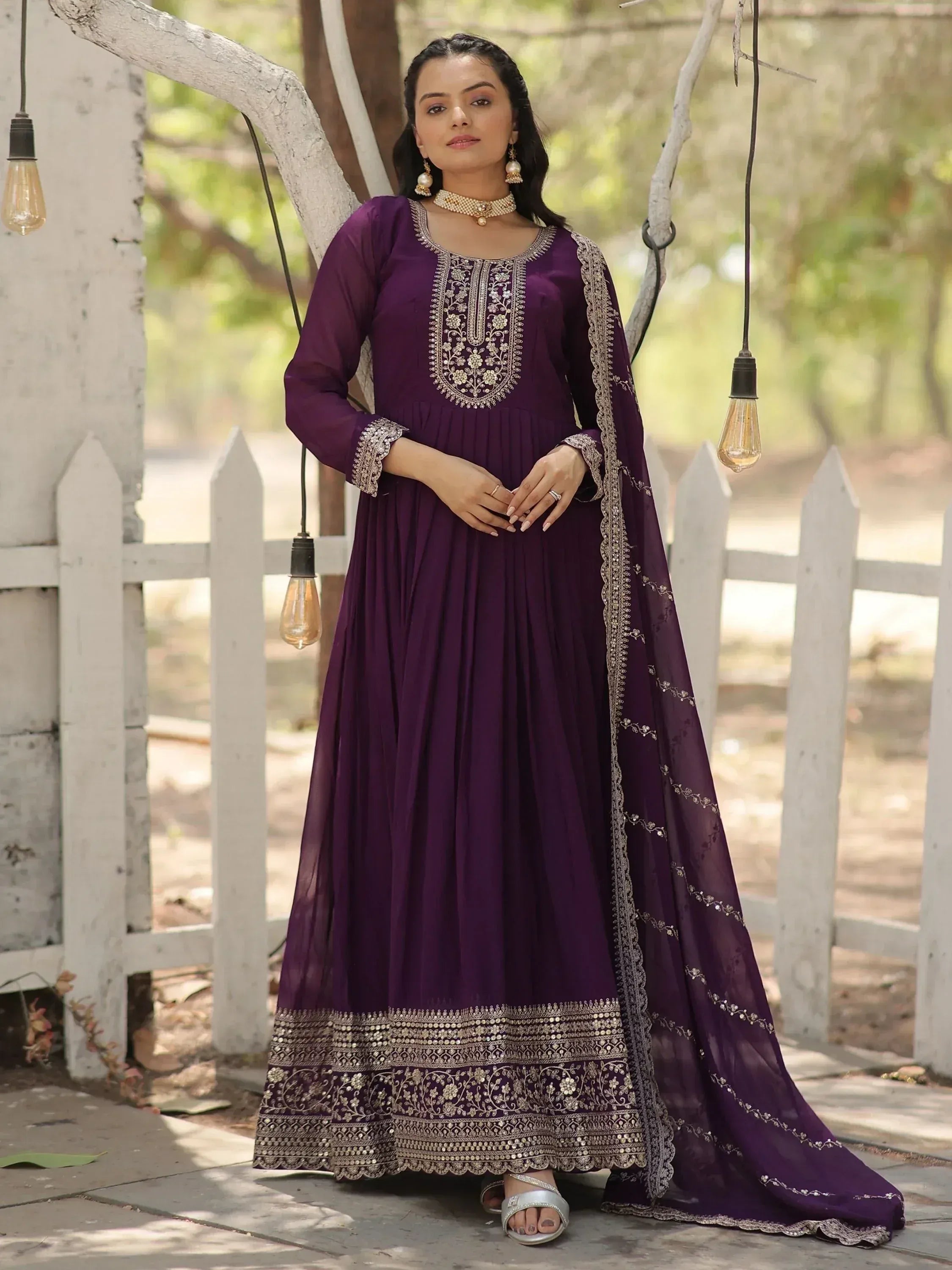 Purple embroidered anarkali suit with dupatta, Indian ethnic wear for women