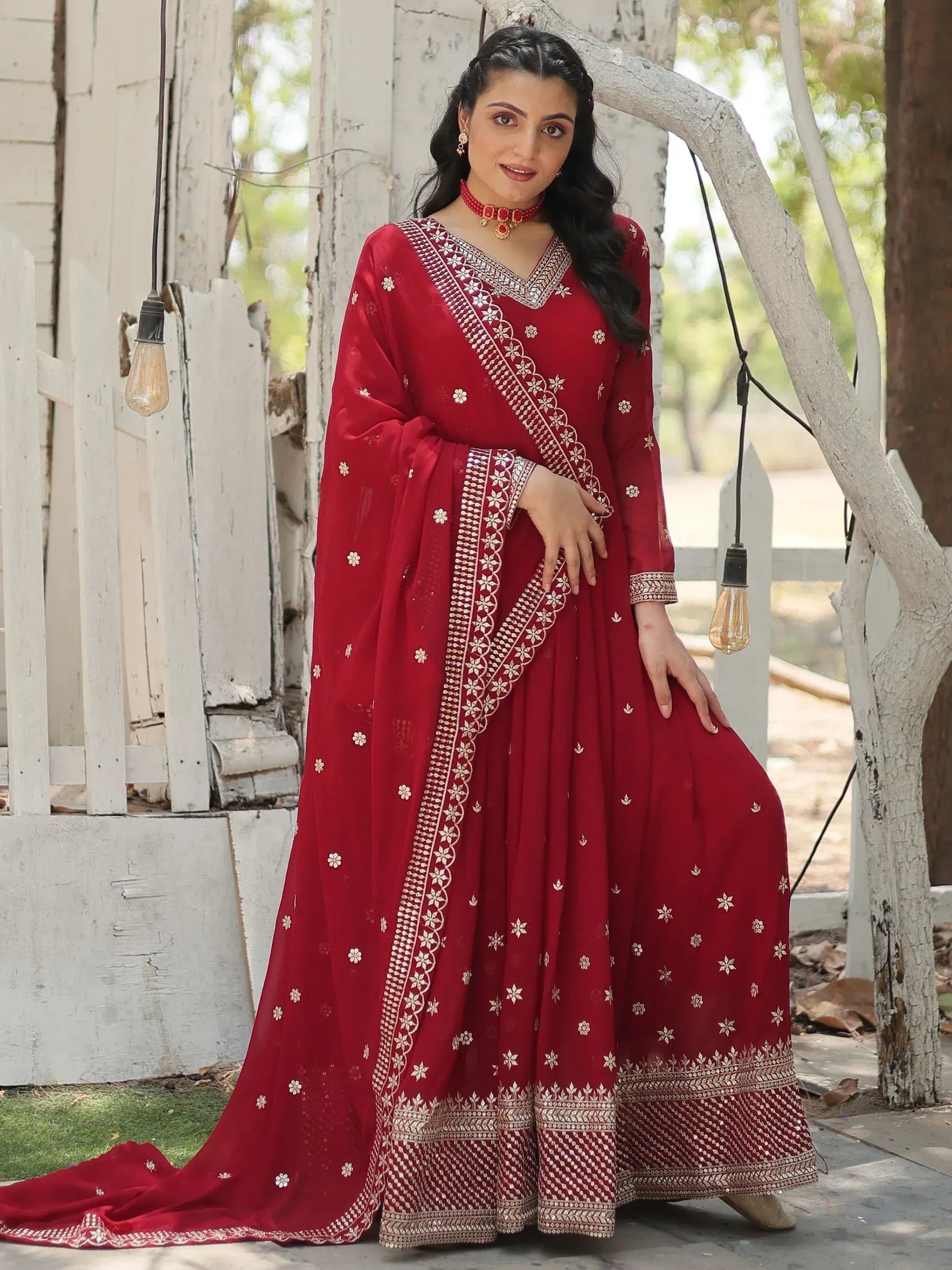 Red embroidered anarkali suit with gold detailing, perfect for Indian ethnic wear occasions
