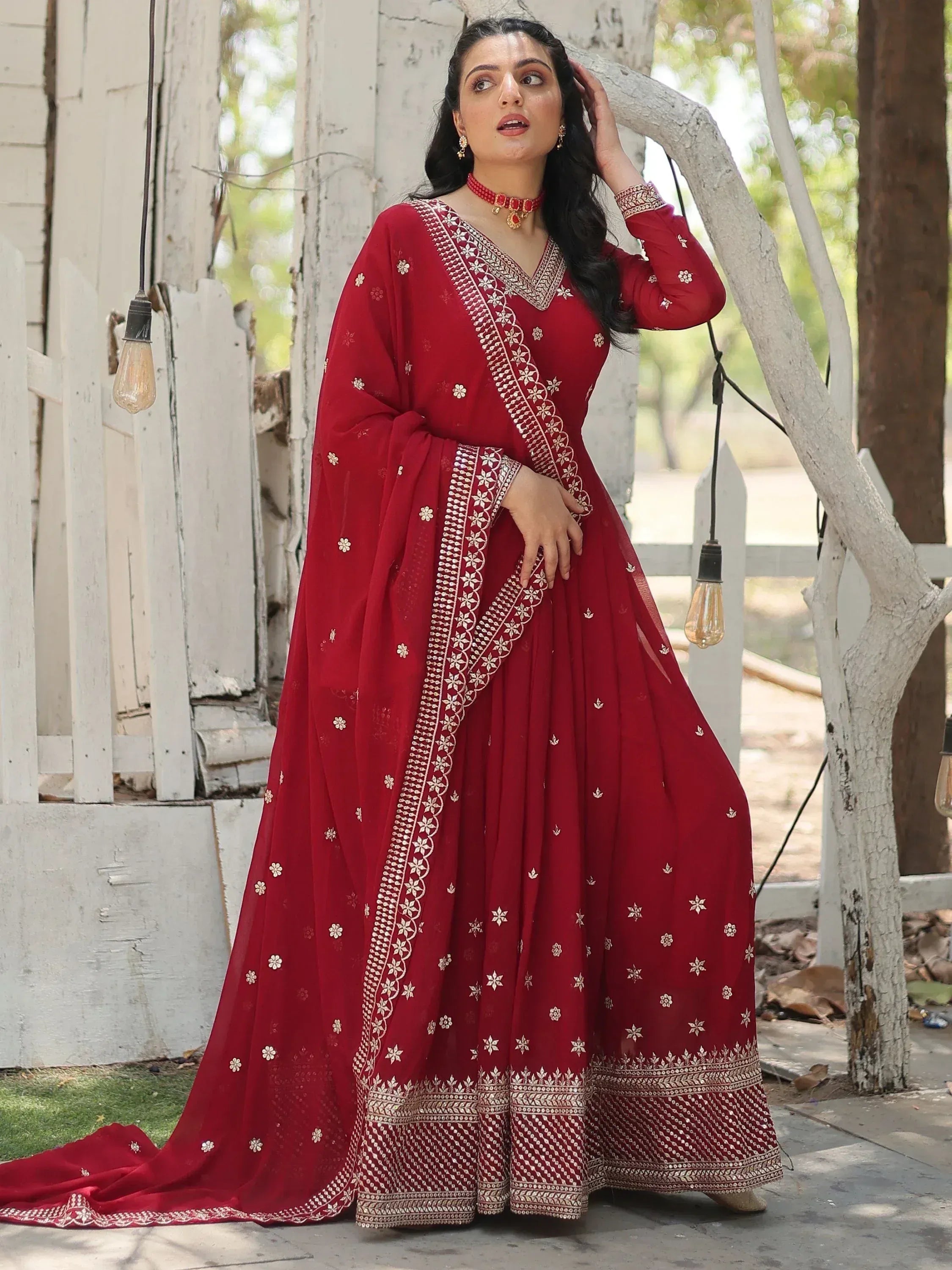 Red embroidered anarkali suit with gold detailing, perfect for Indian ethnic wear occasions