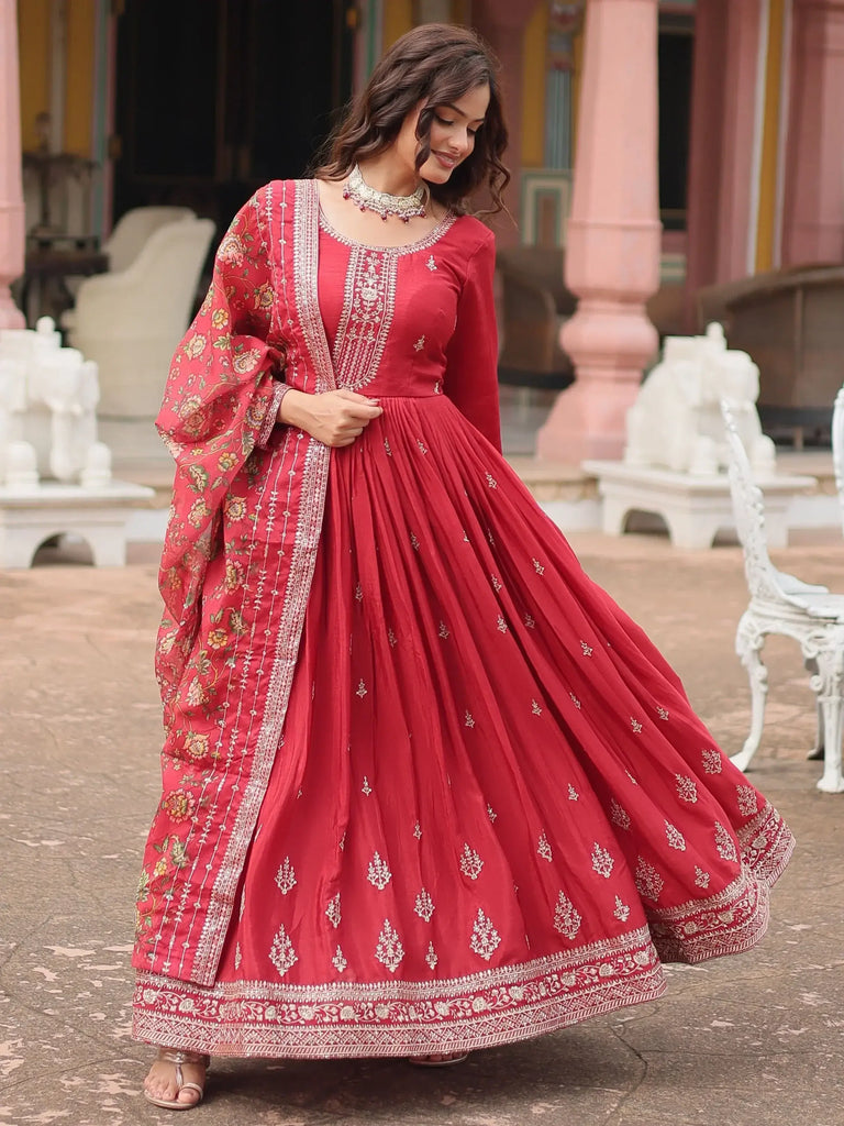 Beautiful Maroon Sequins Chinon Wedding Wear Gown With Dupatta
