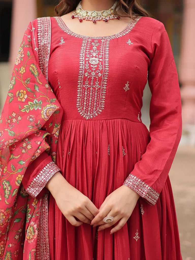 Beautiful Maroon Sequins Chinon Wedding Wear Gown With Dupatta