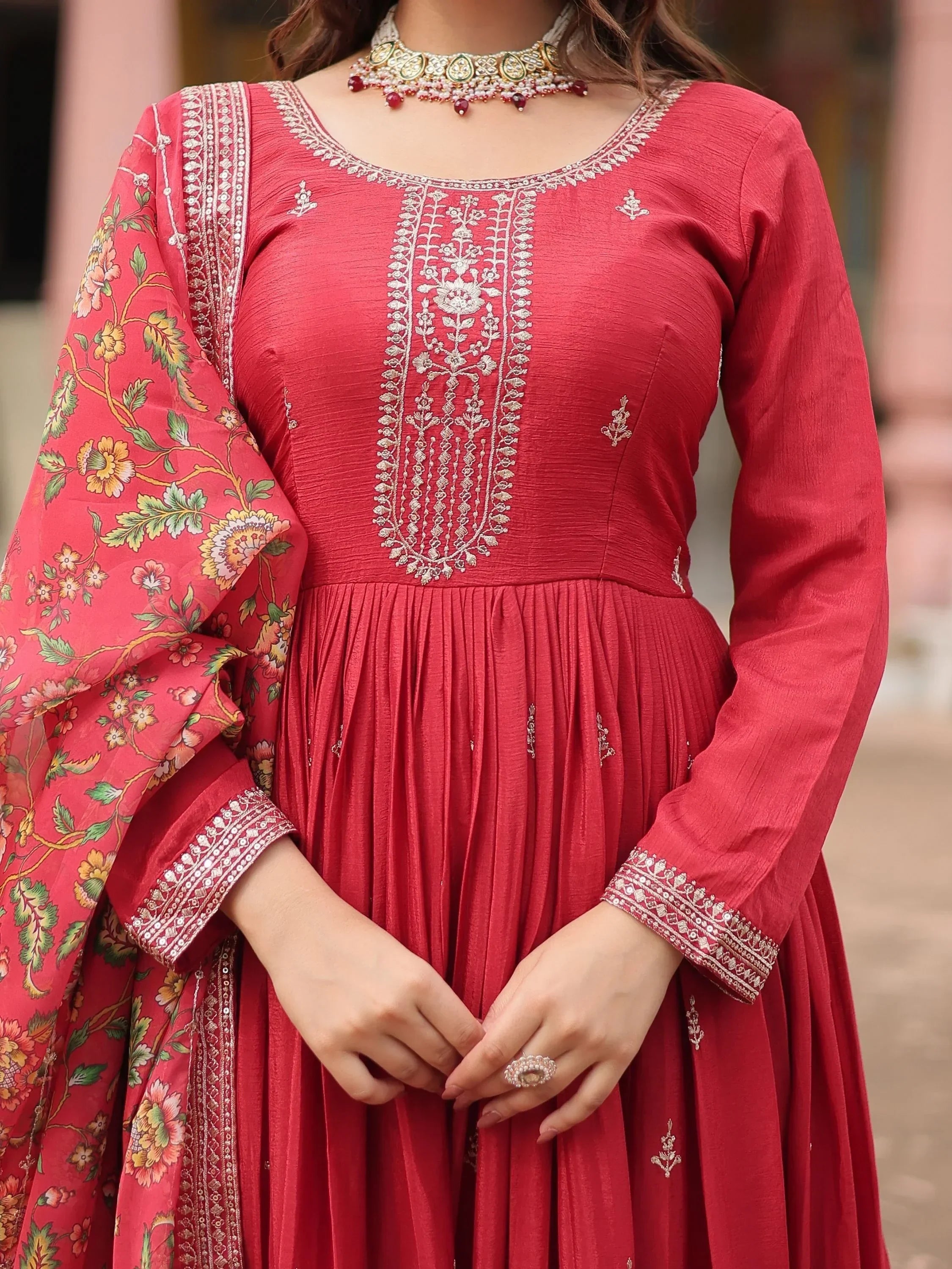 Maroon embroidered Anarkali suit with floral dupatta and long sleeves, Indian ethnic wear