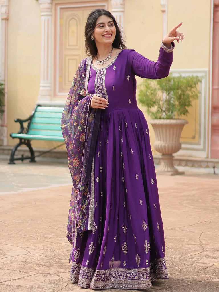 Attractive Purple Sequins Chinon Function Wear Gown With Dupatta
