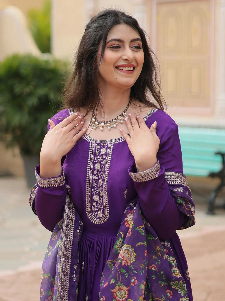 Attractive Purple Sequins Chinon Function Wear Gown With Dupatta