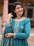 Gorgeous Rama Color Sequins Chinon Festival Wear Gown With Dupatta