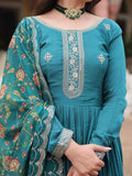 Gorgeous Rama Color Sequins Chinon Festival Wear Gown With Dupatta