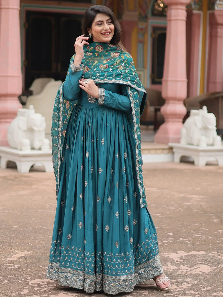 Gorgeous Rama Color Sequins Chinon Festival Wear Gown With Dupatta