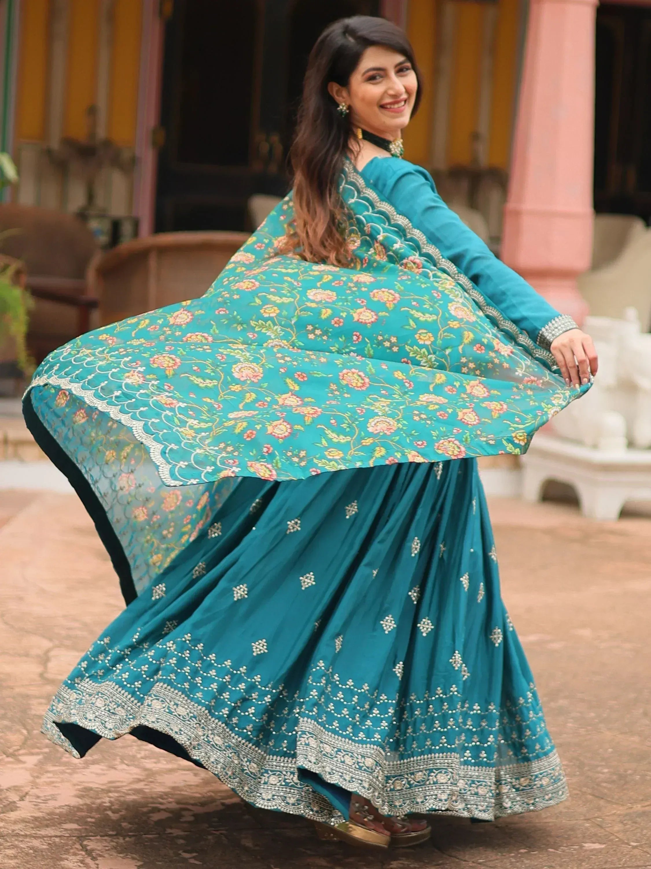 Teal floral embroidered lehenga choli with dupatta, Indian ethnic wear for women