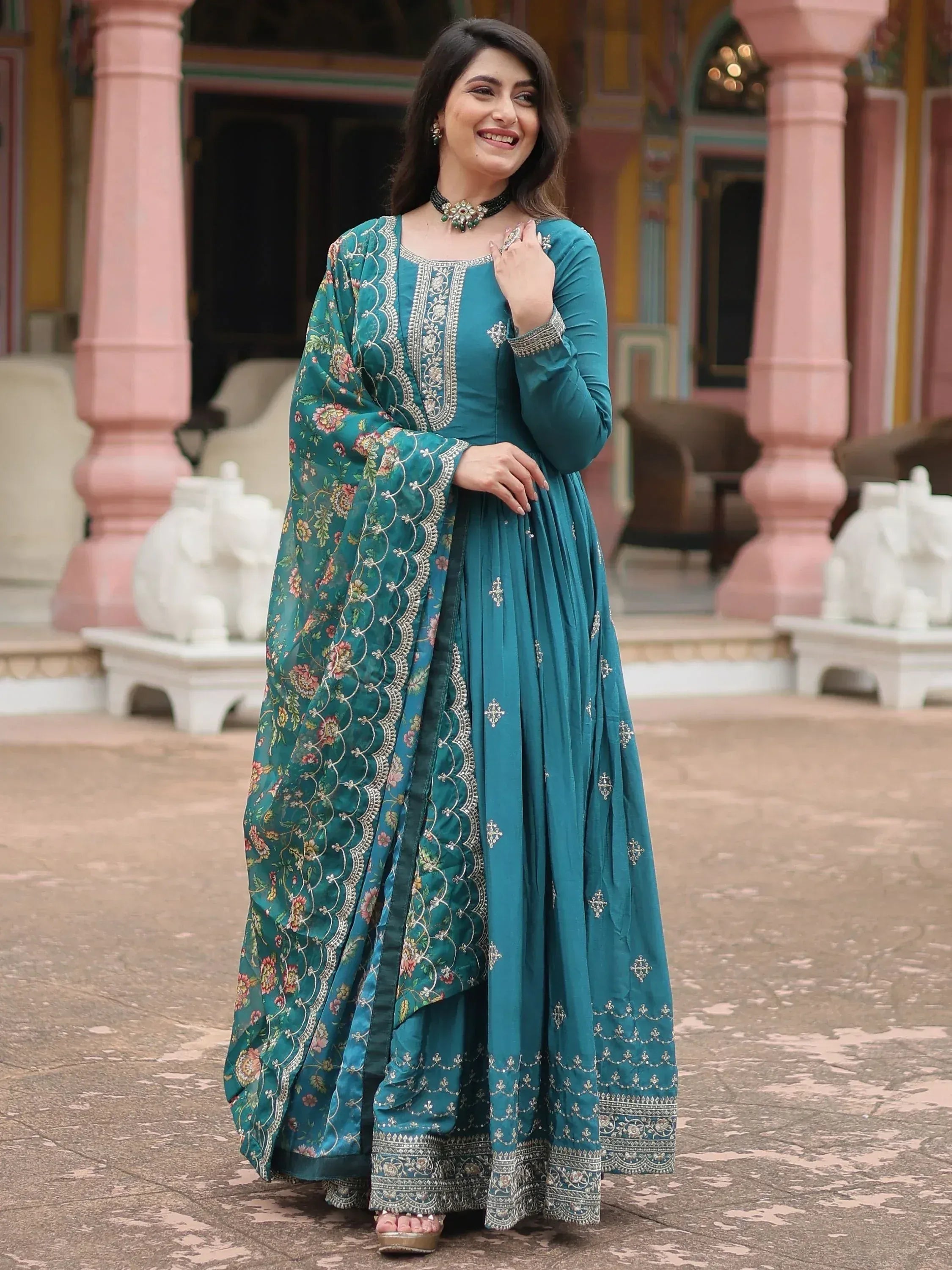 Teal embroidered anarkali suit with floral dupatta, Indian ethnic wear for women
