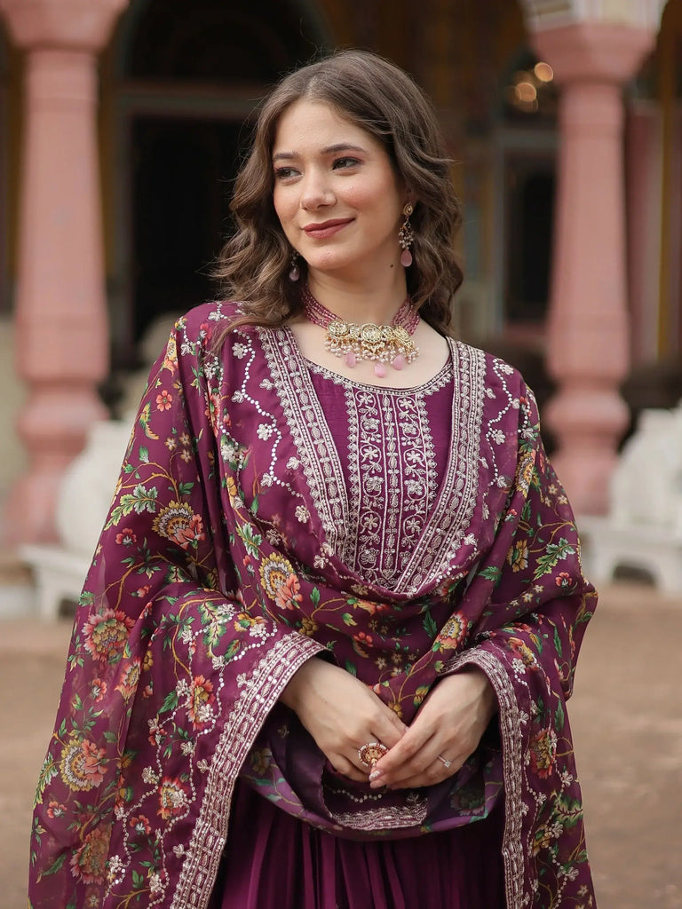 Pretty Wine Color Sequins Chinon Event Wear Gown With Dupatta