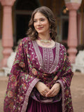 Pretty Wine Color Sequins Chinon Event Wear Gown With Dupatta