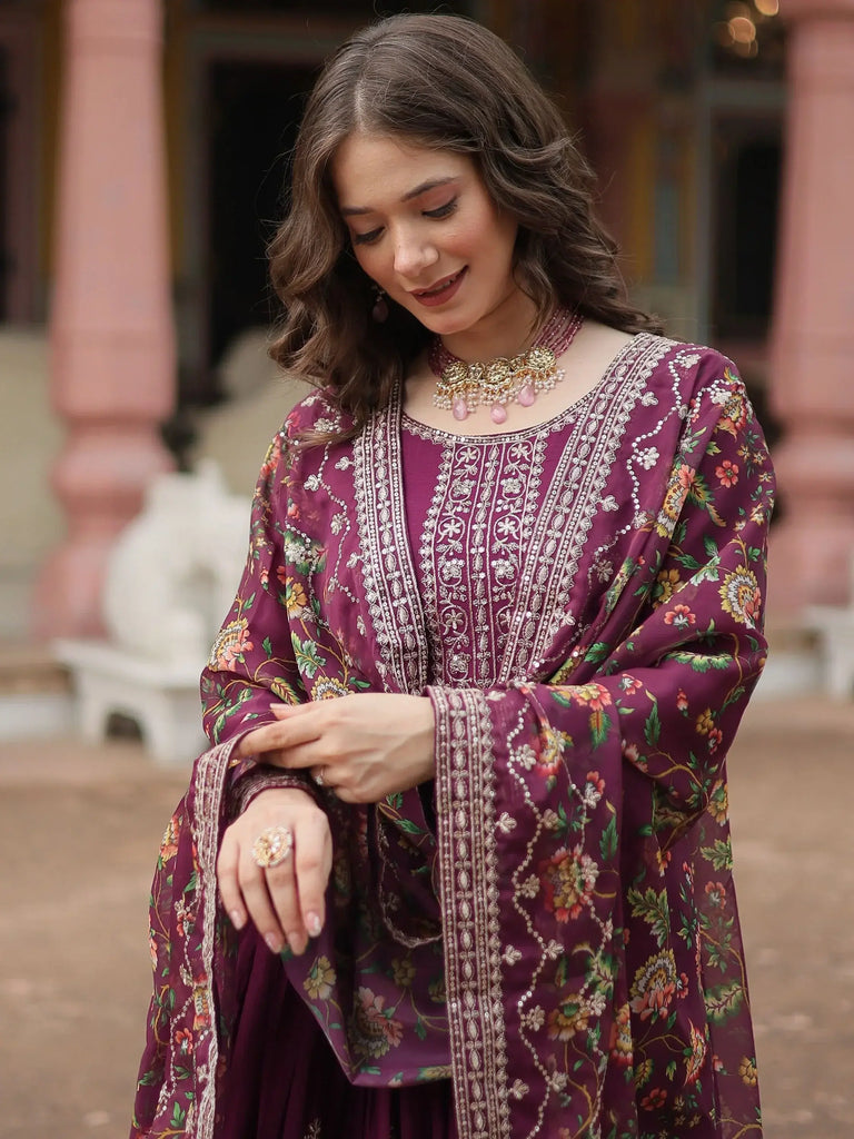 Pretty Wine Color Sequins Chinon Event Wear Gown With Dupatta