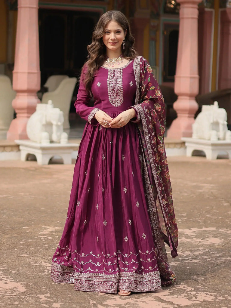 Pretty Wine Color Sequins Chinon Event Wear Gown With Dupatta