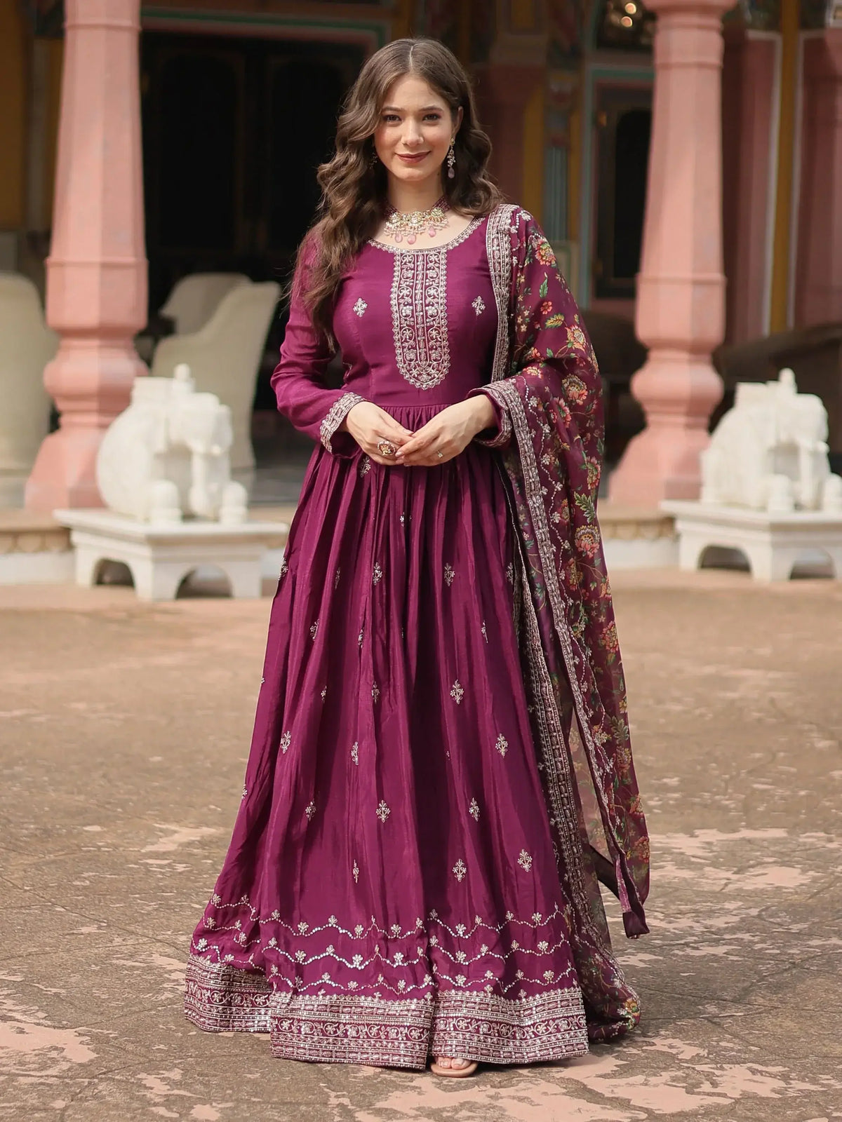 Pretty Wine Color Sequins Chinon Event Wear Gown With Dupatta