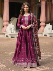 Pretty Wine Color Sequins Chinon Event Wear Gown With Dupatta