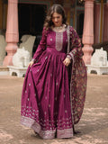 Pretty Wine Color Sequins Chinon Event Wear Gown With Dupatta