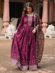 Pretty Wine Color Sequins Chinon Event Wear Gown With Dupatta