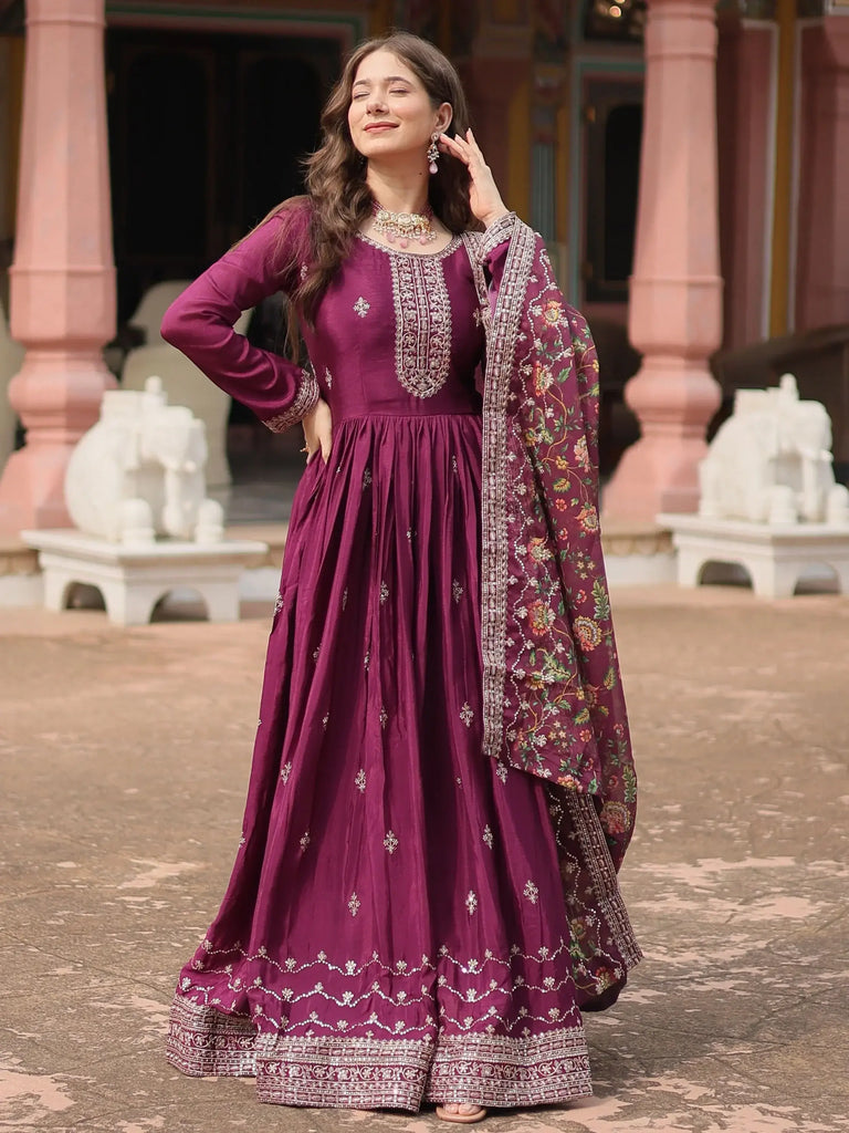 Pretty Wine Color Sequins Chinon Event Wear Gown With Dupatta