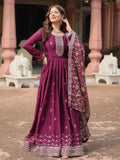 Pretty Wine Color Sequins Chinon Event Wear Gown With Dupatta