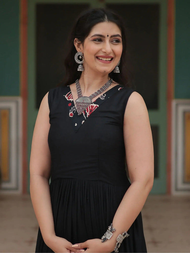 Fascinating Black Color Printed Rayon Navratri Wear Gown