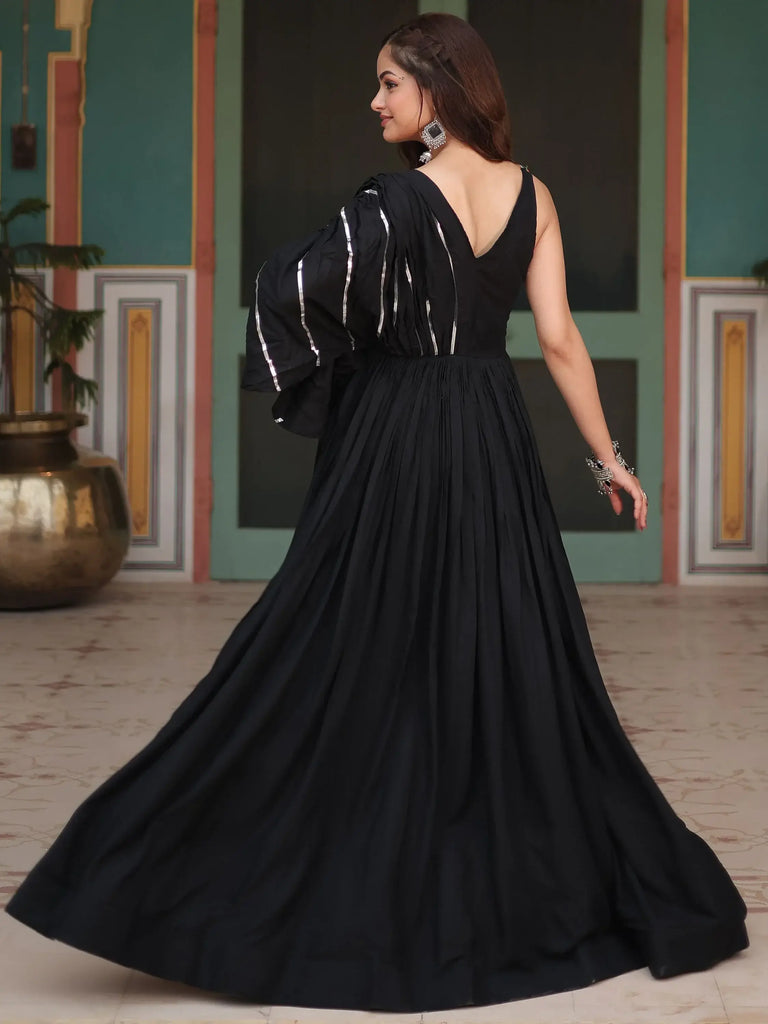 Stunning Black Color Lace Work Rayon Navratri Wear Gown