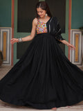 Stunning Black Color Lace Work Rayon Navratri Wear Gown
