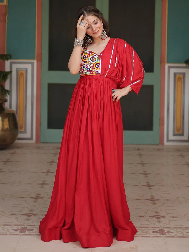 Gorgeous Red Color Lace Work Rayon Navratri Wear Gown