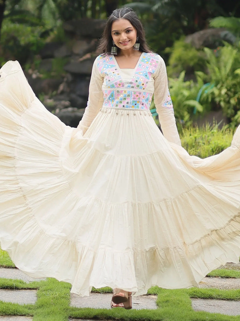 Astonishing Cream Kutchi Work Cotton Navratri Wear Gown