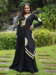 Flamboyant Black Color Kutchi Gamthi Work Rayon Navratri Wear Gown