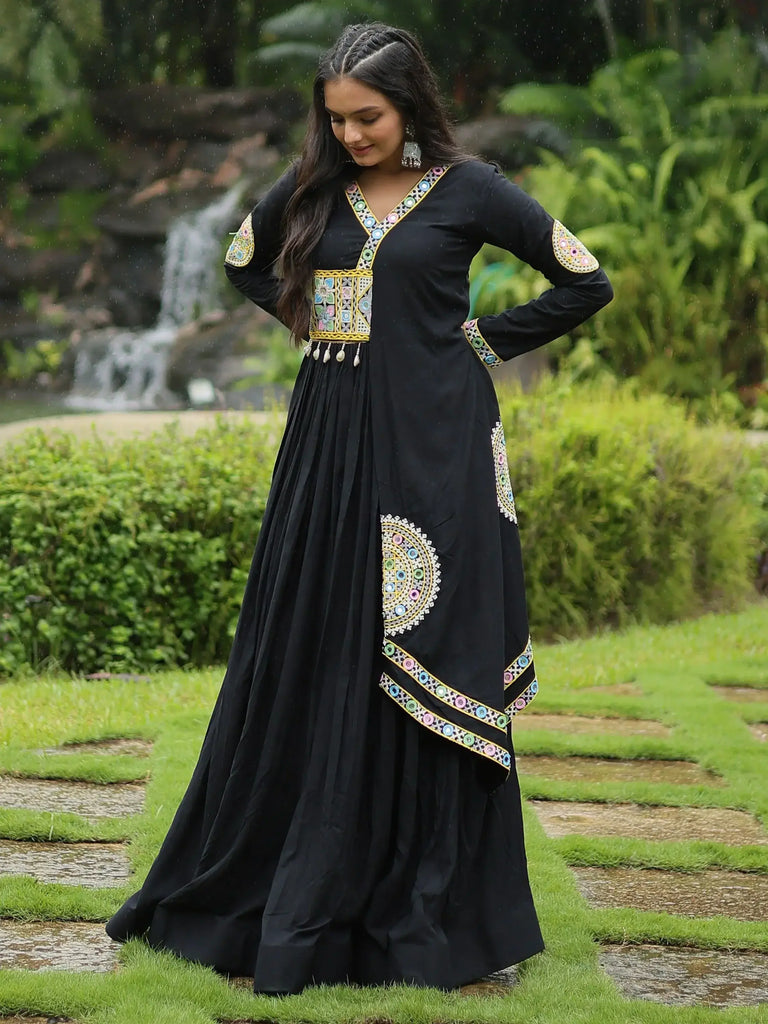 Flamboyant Black Color Kutchi Gamthi Work Rayon Navratri Wear Gown
