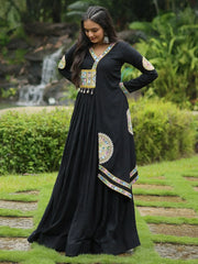Flamboyant Black Color Kutchi Gamthi Work Rayon Navratri Wear Gown