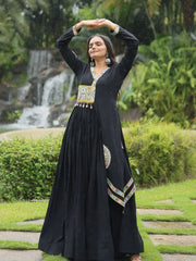 Flamboyant Black Color Kutchi Gamthi Work Rayon Navratri Wear Gown