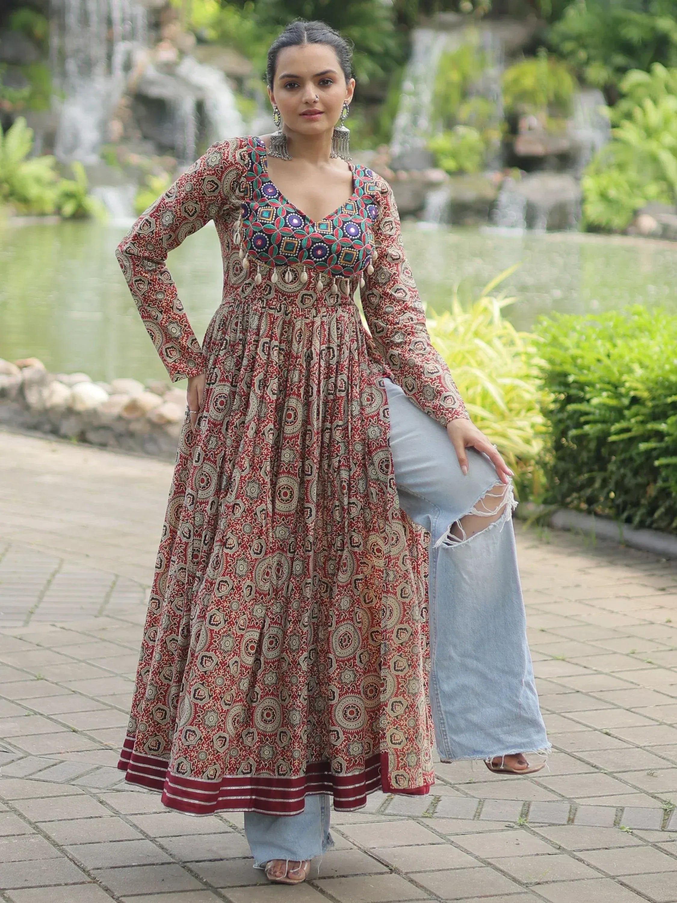 Ethnic printed anarkali gown with ripped jeans, perfect for fusion fashion