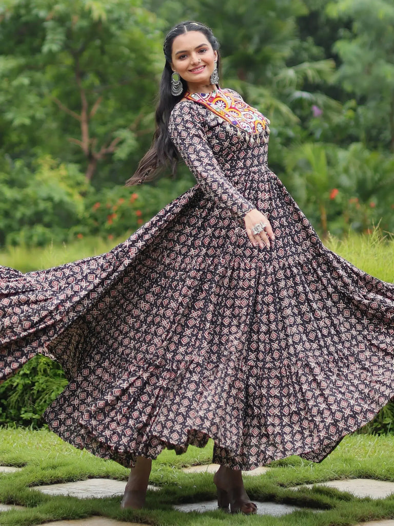 Adorable Black Color Printed Cotton Navratri Wear Gown