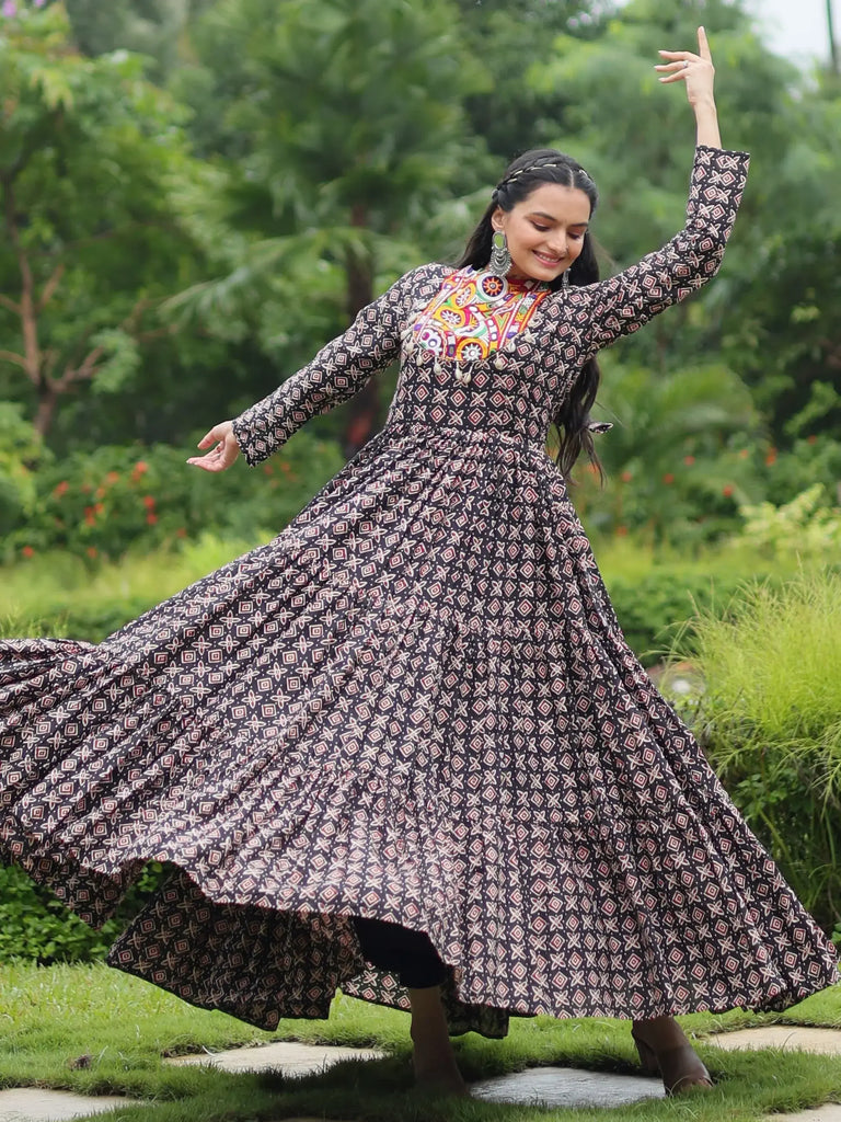 Adorable Black Color Printed Cotton Navratri Wear Gown