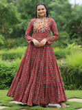 Endearing Maroon Color Printed Cotton Navratri Wear Gown