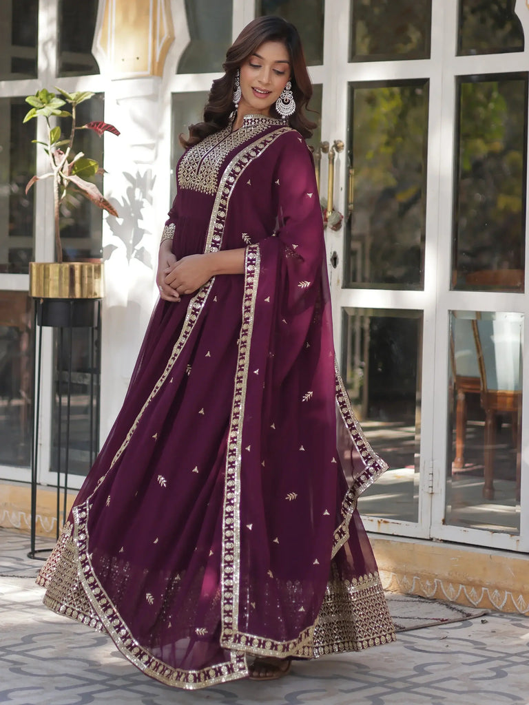 Adorable Purple Sequins Georgette Wedding Anarkali Gown With Dupatta