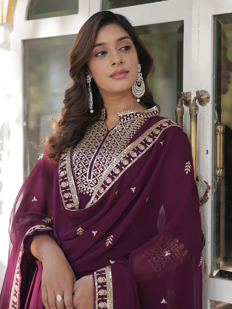 Adorable Purple Sequins Georgette Wedding Anarkali Gown With Dupatta