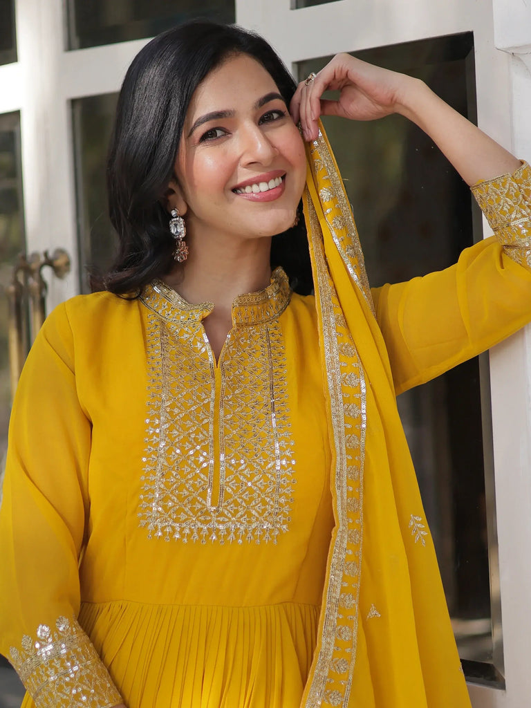 Lovely Yellow Sequins Georgette Haldi Wear Anarkali Gown With Dupatta