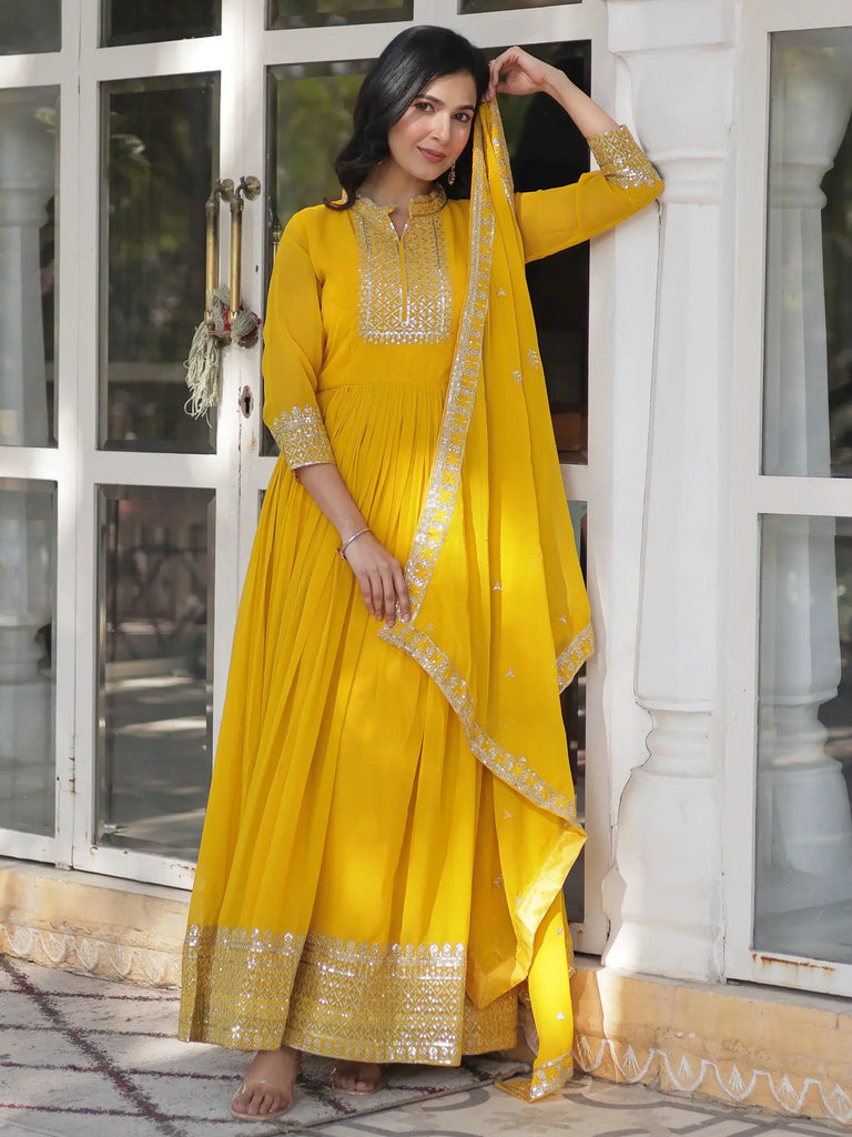 Lovely Yellow Sequins Georgette Haldi Wear Anarkali Gown With Dupatta