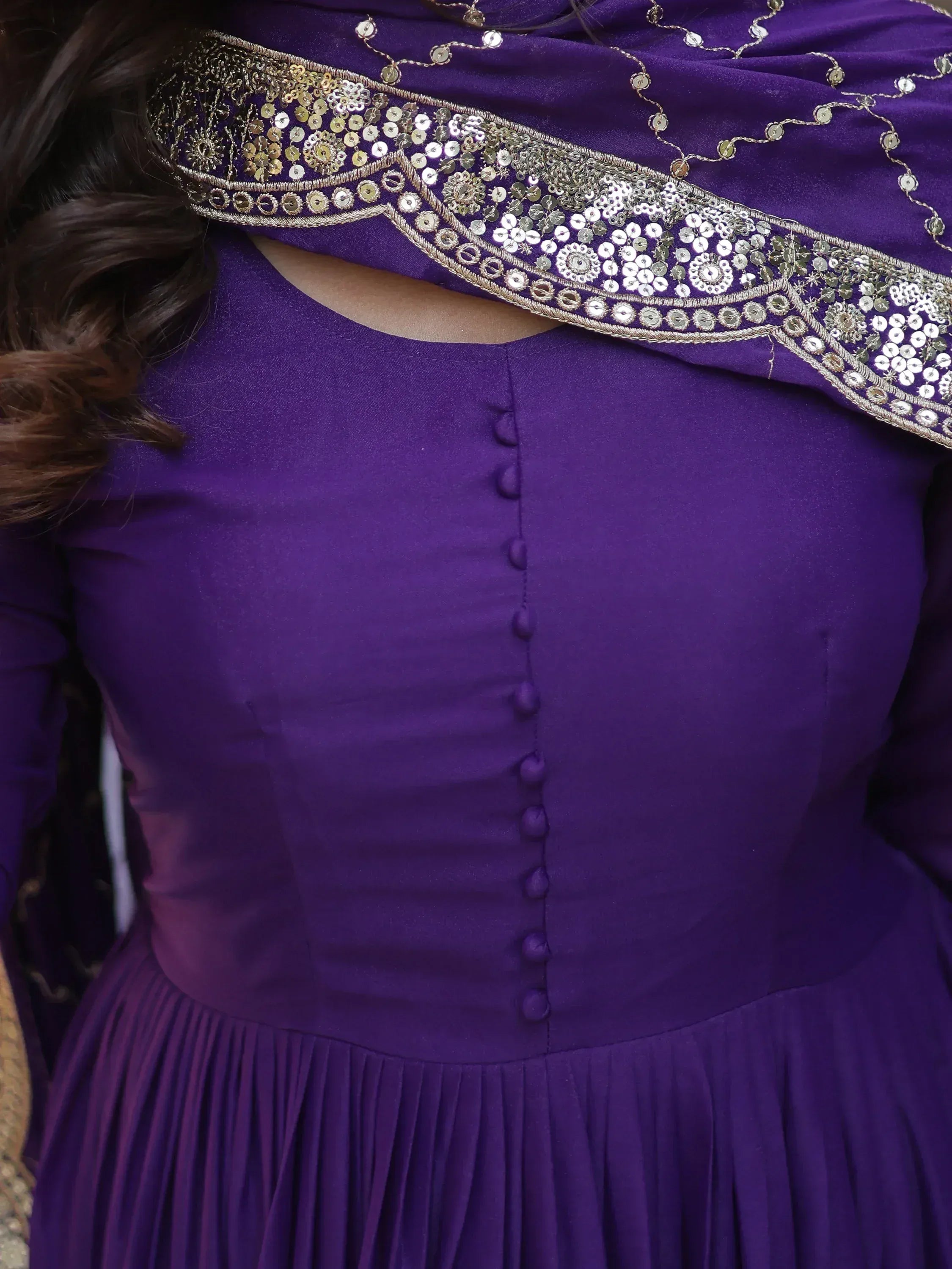 Purple ethnic gown with gold and silver sequin dupatta, button front, pleated skirt