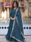 Charming Teal Blue Georgette Engagement Wear Gown With Dupatta