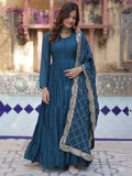 Charming Teal Blue Georgette Engagement Wear Gown With Dupatta