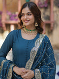 Charming Teal Blue Georgette Engagement Wear Gown With Dupatta