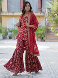 Marvelous Maroon Zari Weaving Jacquard Wedding Wear Sharara Suit