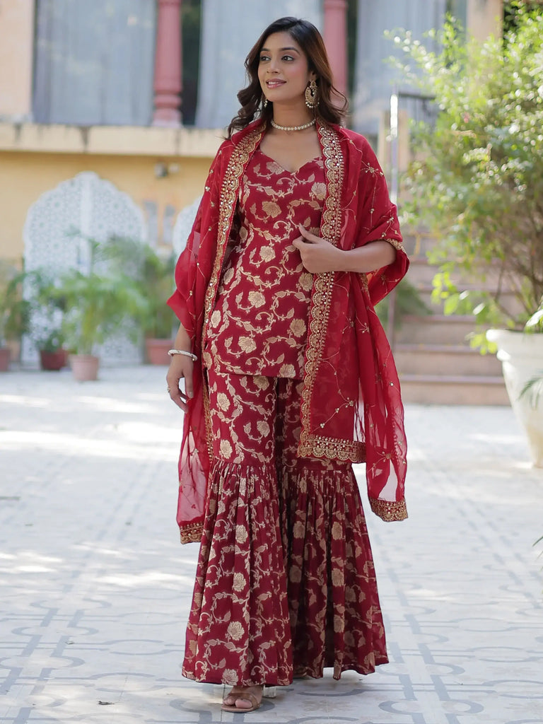 Marvelous Maroon Zari Weaving Jacquard Wedding Wear Sharara Suit