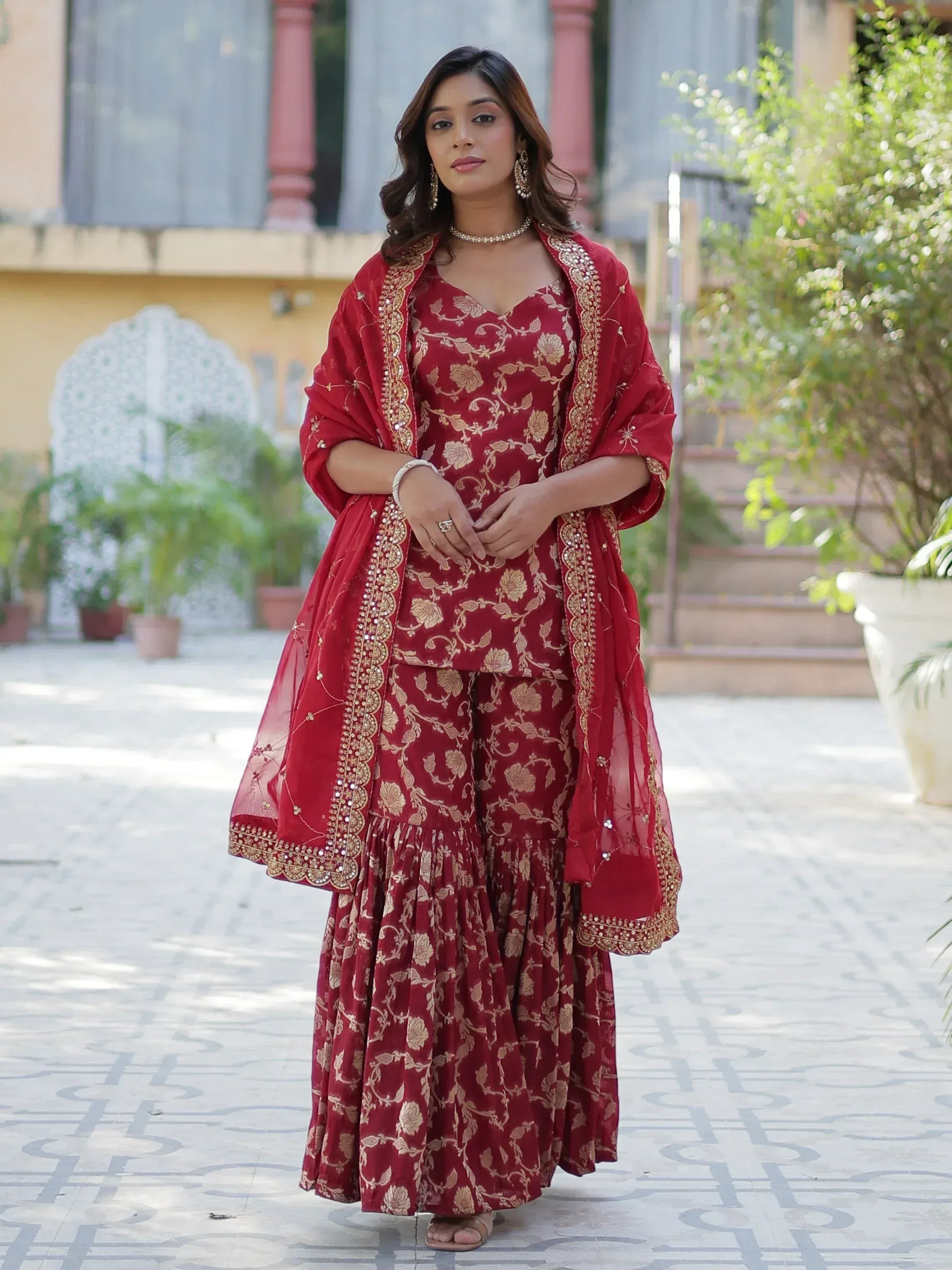 Red floral embroidered ethnic gown with matching dupatta for women