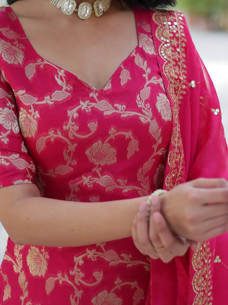 Incredible Pink Zari Weaving Jacquard Sharara Suit With Dupatta
